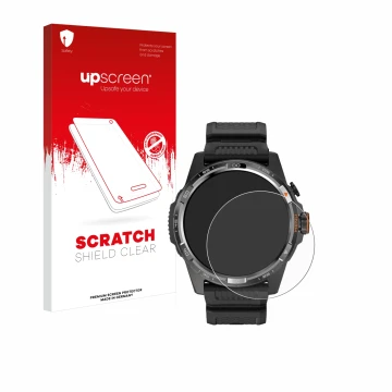 Face avant d’un emballage produit avec le logo de la marque upscreen. À côté, l’appareil Mobvoi Ticwatch Atlas est représenté 