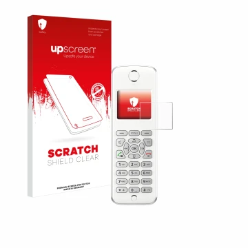 Face avant d’un emballage produit avec le logo de la marque upscreen. À côté, l’appareil AVM Fritz!Fon M2 est représenté avec 