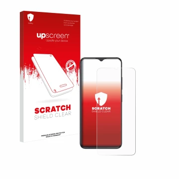Face avant d’un emballage produit avec le logo de la marque upscreen. À côté, l’appareil ZTE Blade A34 est représenté avec la 
