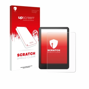 Face avant d’un emballage produit avec le logo de la marque upscreen. À côté, l’appareil Amazon Kindle Colorsoft Signature Edi