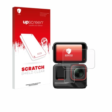 Face avant d’un emballage produit avec le logo de la marque upscreen. À côté, l’appareil Insta360 Ace Pro 2 est représenté ave