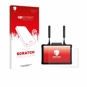 Face avant d’un emballage produit avec le logo de la marque upscreen. À côté, l’appareil Hollyland Pyro 7 est représenté avec 