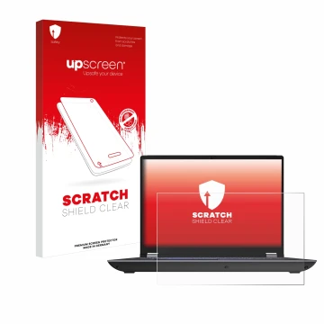 Face avant d’un emballage produit avec le logo de la marque upscreen. À côté, l’appareil Lenovo ThinkPad P16 Gen 2 Non-Touch e