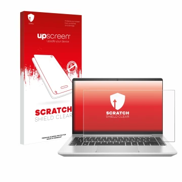 Face avant d’un emballage produit avec le logo de la marque upscreen. À côté, l’appareil HP ProBook 445 G9 est représenté avec