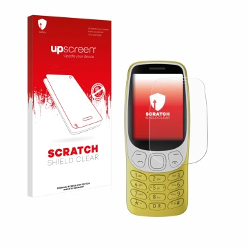 Face avant d’un emballage produit avec le logo de la marque upscreen. À côté, l’appareil Nokia 3210 est représenté avec la pro