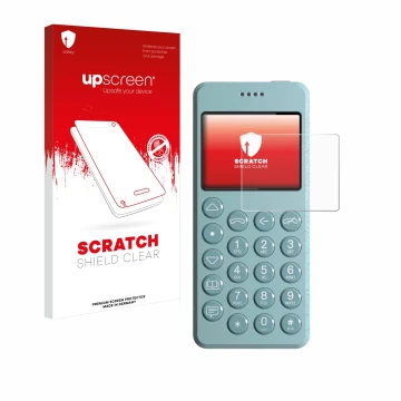 Face avant d’un emballage produit avec le logo de la marque upscreen. À côté, l’appareil Punkt MP02 est représenté avec la pro