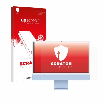 Face avant d’un emballage produit avec le logo de la marque upscreen. À côté, l’appareil Apple iMac 24