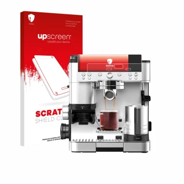 Face avant d’un emballage produit avec le logo de la marque upscreen. À côté, l’appareil Ninja Luxe Cafe Premier ES601EU est r