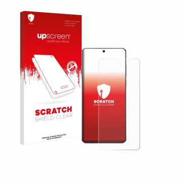 Face avant d’un emballage produit avec le logo de la marque upscreen. À côté, l’appareil OnePlus 13 est représenté avec la pro