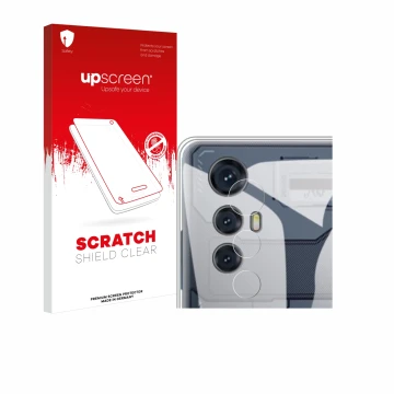 Face avant d’un emballage produit avec le logo de la marque upscreen. À côté, l’appareil Cubot Max 5 (Caméra UNIQUEMENT) est r