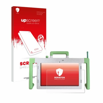 Face avant d’un emballage produit avec le logo de la marque upscreen. À côté, l’appareil Telemarie Tablet 10.1