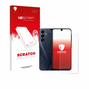 Face avant d’un emballage produit avec le logo de la marque upscreen. À côté, l’appareil Samsung Galaxy A16 4G (Avant+Caméra) 