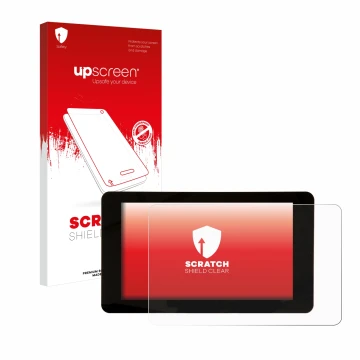 Face avant d’un emballage produit avec le logo de la marque upscreen. À côté, l’appareil Raspberry Pi Touchscreen 2 (7