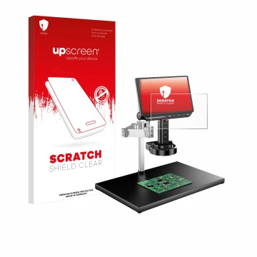 Face avant d’un emballage produit avec le logo de la marque upscreen. À côté, l’appareil Tomlov TM4K-AF-MAX est représenté ave