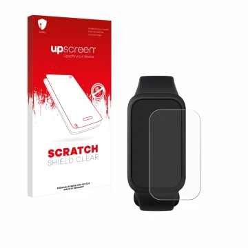 Face avant d’un emballage produit avec le logo de la marque upscreen. À côté, l’appareil Xiaomi Smart Band 9 Active est représ