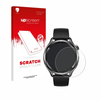 Face avant d’un emballage produit avec le logo de la marque upscreen. À côté, l’appareil Xiaomi Watch S4 (47 mm) est représent