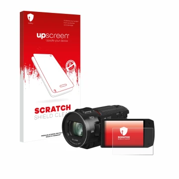 Face avant d’un emballage produit avec le logo de la marque upscreen. À côté, l’appareil Panasonic HC-VX3 est représenté avec 