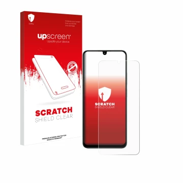 Face avant d’un emballage produit avec le logo de la marque upscreen. À côté, l’appareil Xiaomi Poco C75 est représenté avec l