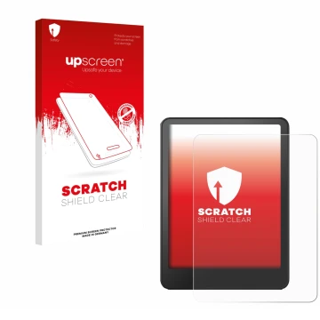 Face avant d’un emballage produit avec le logo de la marque upscreen. À côté, l’appareil Amazon Kindle Paperwhite 2024 (12. Ge