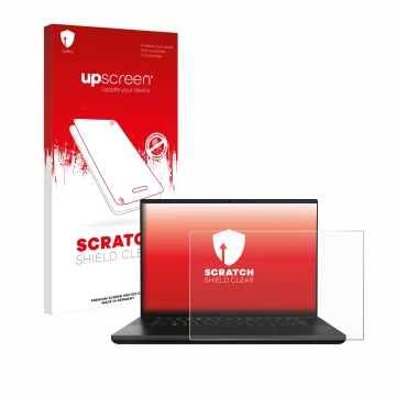 Face avant d’un emballage produit avec le logo de la marque upscreen. À côté, l’appareil Razer Blade 16 2024 est représenté av