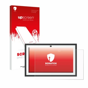 Face avant d’un emballage produit avec le logo de la marque upscreen. À côté, l’appareil Amazon Echo Show 15 2024 est représen