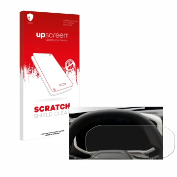 Face avant d’un emballage produit avec le logo de la marque upscreen. À côté, l’appareil Dacia Duster Tacho (2024) est représe