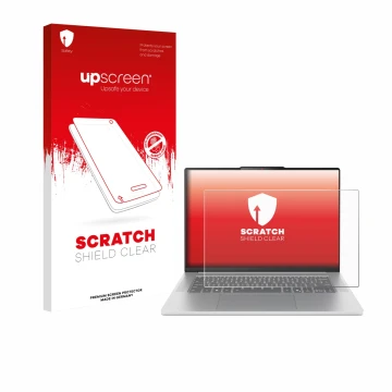 Face avant d’un emballage produit avec le logo de la marque upscreen. À côté, l’appareil Lenovo IdeaPad Slim 5 Gen 10 15