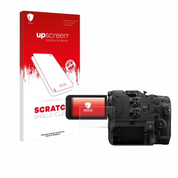 Face avant d’un emballage produit avec le logo de la marque upscreen. À côté, l’appareil Canon EOS C400 est représenté avec la