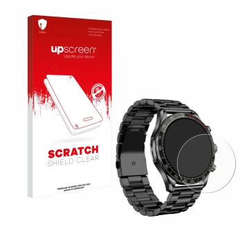 Face avant d’un emballage produit avec le logo de la marque upscreen. À côté, l’appareil Maoo Titan Smartwatch 1.43