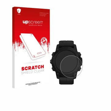 Face avant d’un emballage produit avec le logo de la marque upscreen. À côté, l’appareil Garmin Descent G1 Solar est représent