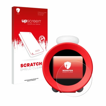 Face avant d’un emballage produit avec le logo de la marque upscreen. À côté, l’appareil Nintendo Sound Clock Alarmo est repré