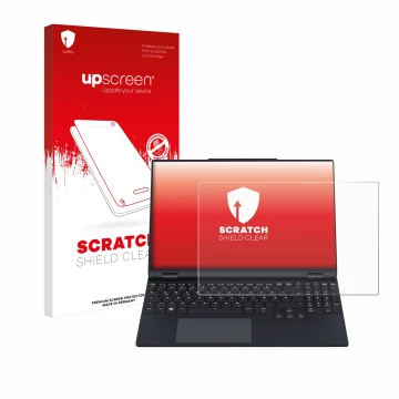Face avant d’un emballage produit avec le logo de la marque upscreen. À côté, l’appareil Tuxedo InfinityBook Pro 15 Gen 9 est 