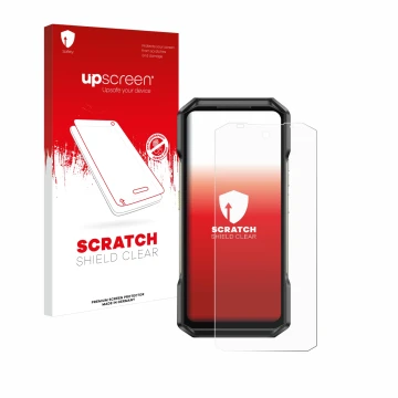 Face avant d’un emballage produit avec le logo de la marque upscreen. À côté, l’appareil Ulefone Armor 27 est représenté avec 