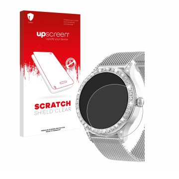 Face avant d’un emballage produit avec le logo de la marque upscreen. À côté, l’appareil Powerwill Smartwatch 1.27