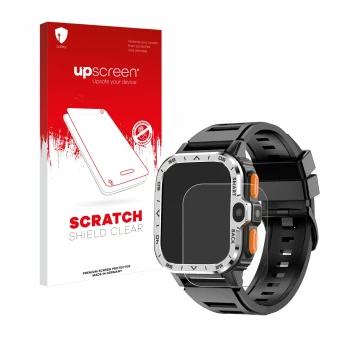 Face avant d’un emballage produit avec le logo de la marque upscreen. À côté, l’appareil HS Smartwatch 2