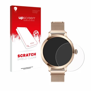 Face avant d’un emballage produit avec le logo de la marque upscreen. À côté, l’appareil Bekomiya Smartwatch 1.1