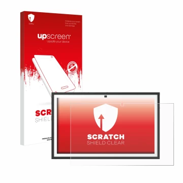 Face avant d’un emballage produit avec le logo de la marque upscreen. À côté, l’appareil Echo Show 21 est représenté avec la p