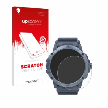 Face avant d’un emballage produit avec le logo de la marque upscreen. À côté, l’appareil Coros Vertix 2S est représenté avec l