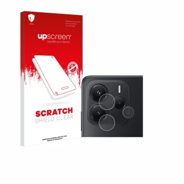 Face avant d’un emballage produit avec le logo de la marque upscreen. À côté, l’appareil Xiaomi Redmi Note 14 (Caméra UNIQUEME