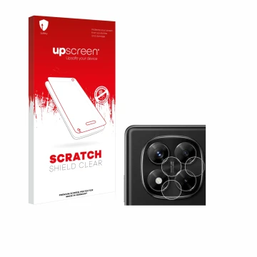 Face avant d’un emballage produit avec le logo de la marque upscreen. À côté, l’appareil Xiaomi Redmi Note 14 Pro (Caméra UNIQ