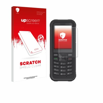 Face avant d’un emballage produit avec le logo de la marque upscreen. À côté, l’appareil Sonim XP100 est représenté avec la pr
