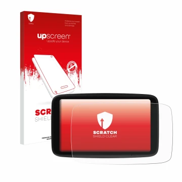 Face avant d’un emballage produit avec le logo de la marque upscreen. À côté, l’appareil TomTom GO Advanced est représenté ave