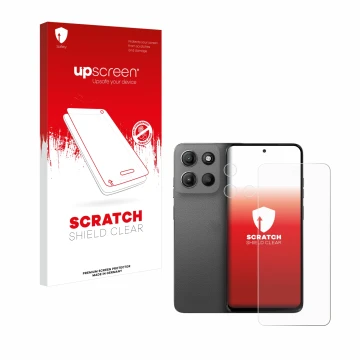 Face avant d’un emballage produit avec le logo de la marque upscreen. À côté, l’appareil Motorola Moto G15 (Avant+Caméra) est 