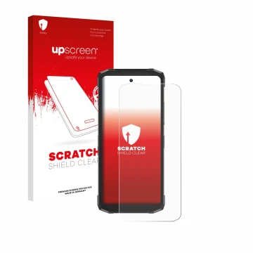 Face avant d’un emballage produit avec le logo de la marque upscreen. À côté, l’appareil Doogee Fire 6 Power est représenté av