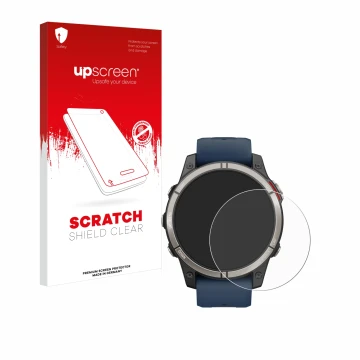 Face avant d’un emballage produit avec le logo de la marque upscreen. À côté, l’appareil Garmin quatix 7 Pro est représenté av
