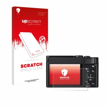 Face avant d’un emballage produit avec le logo de la marque upscreen. À côté, l’appareil Panasonic Lumix DC-TZ99 est représent