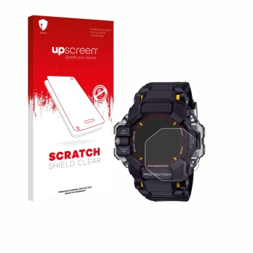 Face avant d’un emballage produit avec le logo de la marque upscreen. À côté, l’appareil Casio G-Shock GPR-H 1000 est représen