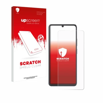 Face avant d’un emballage produit avec le logo de la marque upscreen. À côté, l’appareil Cubot A20 est représenté avec la prot