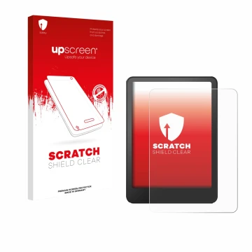 Face avant d’un emballage produit avec le logo de la marque upscreen. À côté, l’appareil Amazon Kindle Paperwhite 2024 Signatu