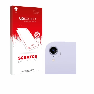 Face avant d’un emballage produit avec le logo de la marque upscreen. À côté, l’appareil Apple iPad Mini 7 2024 (Caméra UNIQUE